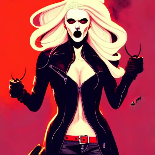 Image similar to rafael albuquerque comic art, peter mohrbacher, steve niles, artgerm, david baldeon, pretty scarlett johansson vampire sharp vampire teeth open mouth, symmetrical eyes, black leather jacket, jeans, long blonde hair