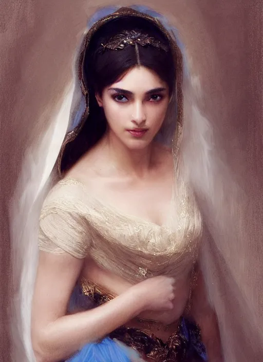 Image similar to Ameera al-Taweel, crystal blue eyes, wavy black hair, tanned skin, white veil, intricate, elegant, highly detailed, artstation, concept art, sharp focus, ruan jia, jurgens, orientalism, bouguereau