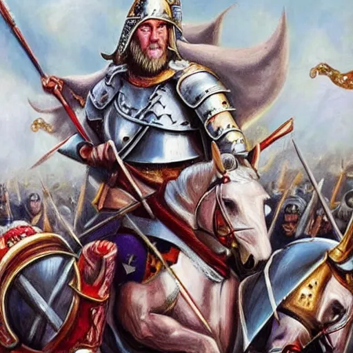 Image similar to trump as a viking, crusader times, bloody, epic painting