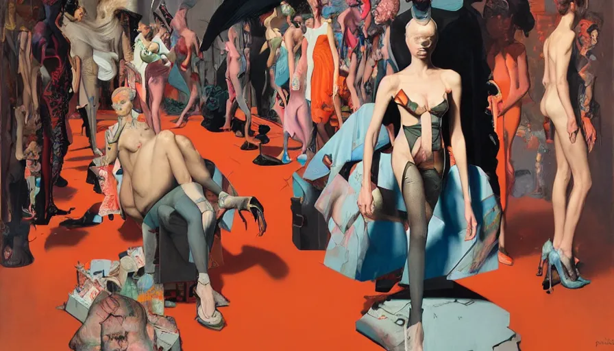 Prompt: balenciaga runway show by francis bacon, surreal, norman rockwell and james jean, greg hildebrandt, and mark brooks, triadic color scheme, by greg rutkowski, syd mead and edward hopper and norman rockwell and beksinski, lingerie, dark surrealism, orange and turquoise