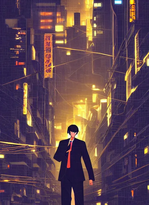 Prompt: manga cover, anthromorphic orange man in a black business suit, intricate cyberpunk city, emotional lighting, character illustration by tatsuki fujimoto