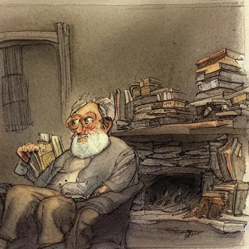 Image similar to a muted color watercolor sketch of a old man sitting in big chair next of a fireplace in his hobbit house living room surrounded by stacks of books from story book character ifrom the book Baltimore & Redingote by Jean-Baptiste Monge of an old man in the style of by Jean-Baptiste Monge that looks like its by Jean-Baptiste Monge and refencing Jean-Baptiste Monge