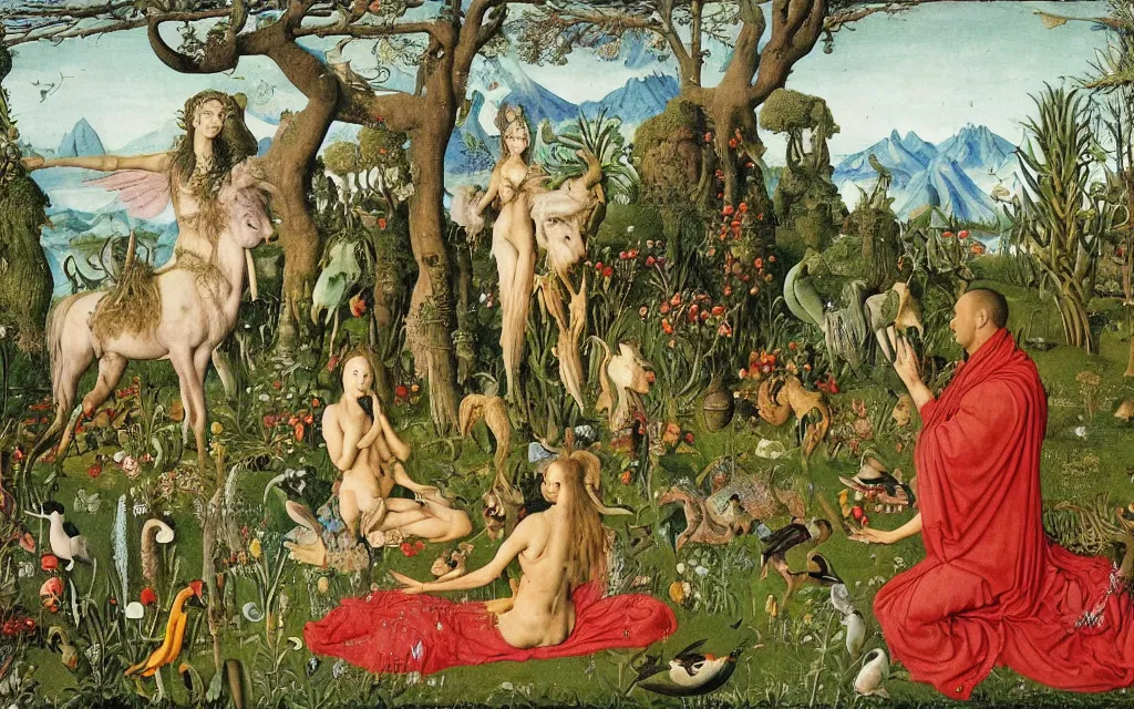 Prompt: a photograph of a meditating centaur shaman and a harpy mermaid feeding animals. surrounded by bulbous flowers, animals and a few trees. river delta with mountains and cliffs under a blue sky full of burning stars and birds. painted by jan van eyck, max ernst, ernst haeckel, ernst fuchs. trending on artstation