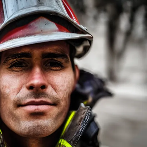 Prompt: close up face male portrait of a fire fighter who just finished is last shift.