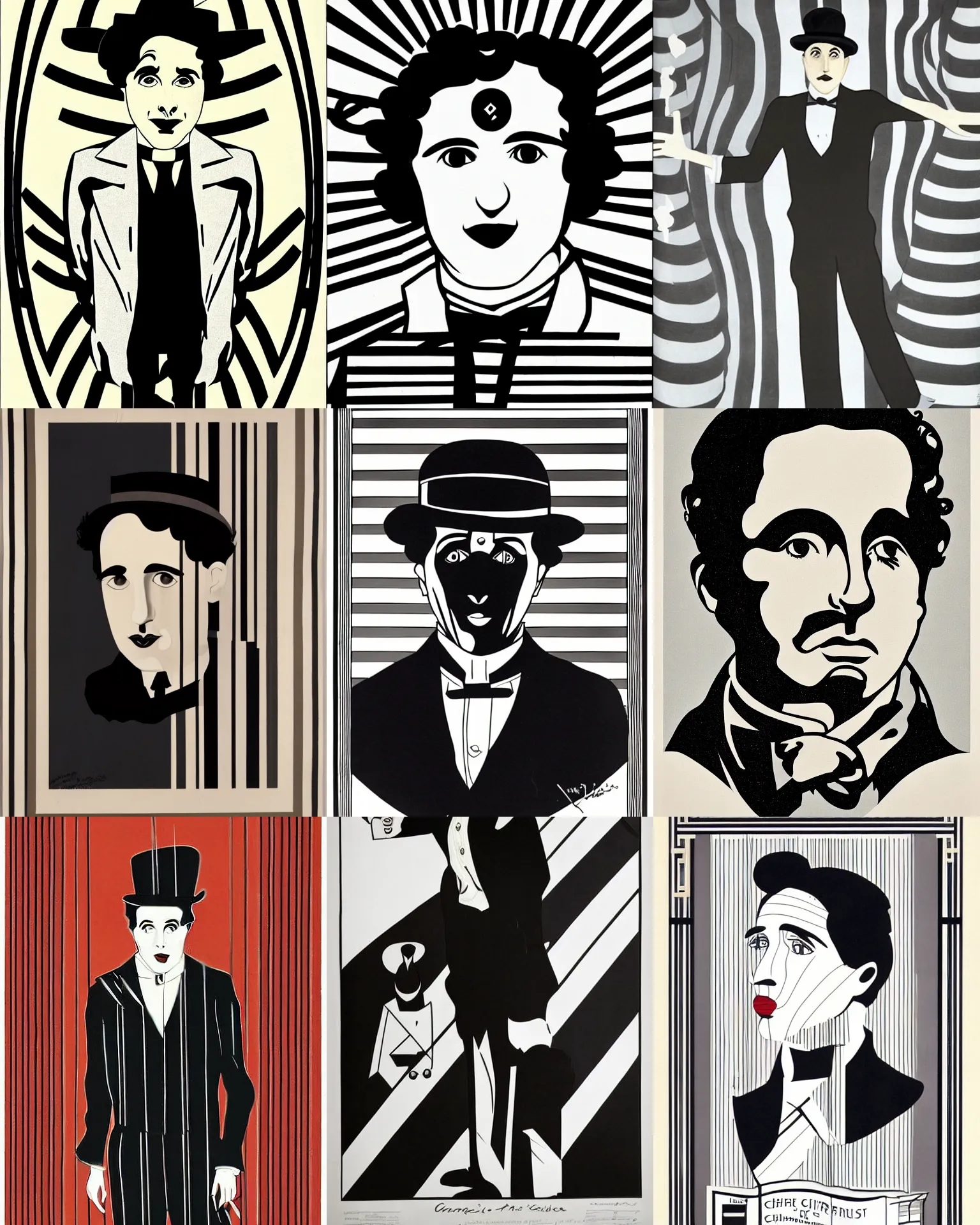 Prompt: charlie chaplin as the tramp 2 0 years old, portrait by franco barberis and patrick nagel, 1 9 2 0 s, straight lines, art deco stripe pattern, right angles