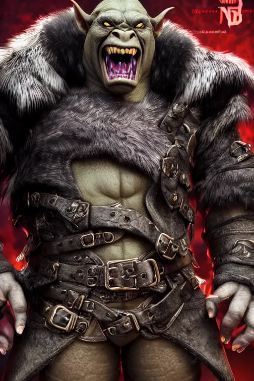 Image similar to A full body shot of a handsome orc looking into the camera wearing a leather fur jacket and leather boots, full body shot, detailed face, orc, portrait, artstation, realistic, highly detailed, symmetrical, D&D, Dungeons & Dragons, hyper realistic, dynamic pose, high detail, octane render, unreal engine, 8k, fantasy art, highly detailed, dramatic lighting, concept art