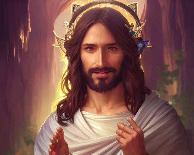 Prompt: photography of jesus christ with uwu smile and cute cat ears, deep focus, d & d, fantasy, intricate, elegant, highly detailed, simple background, digital painting, artstation, concept art, matte, sharp focus, illustration, hearthstone, art by artgerm and greg rutkowski and alphonse mucha