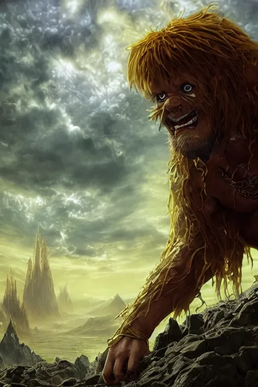 Prompt: an ultra detailed 3 d render of shaggy from scooby doo as an elden ring boss, epic anime fantasy, 8 k, in the style of a fantasy metal album cover and magic the gathering, volumetric lighting, smooth, highly detailed, digital illustration, octane render, art by albert bierstadt and greg rutkowsi, artstation