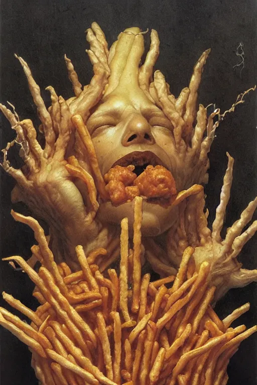 Prompt: a box of mcdonalds fries in the style of wayne barlowe, gustav moreau, goward, bussiere, roberto ferri, santiago caruso, luis ricardo falero, austin osman spare