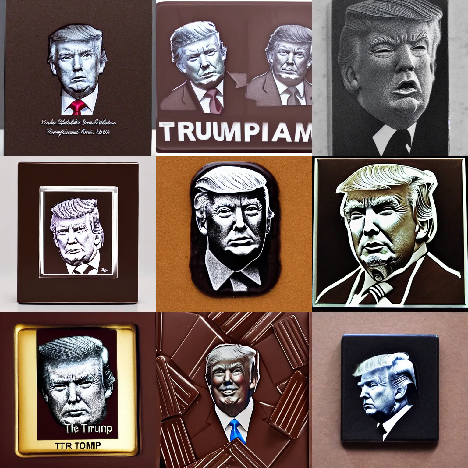 Prompt: dark chocolate line engraving portrait of trump