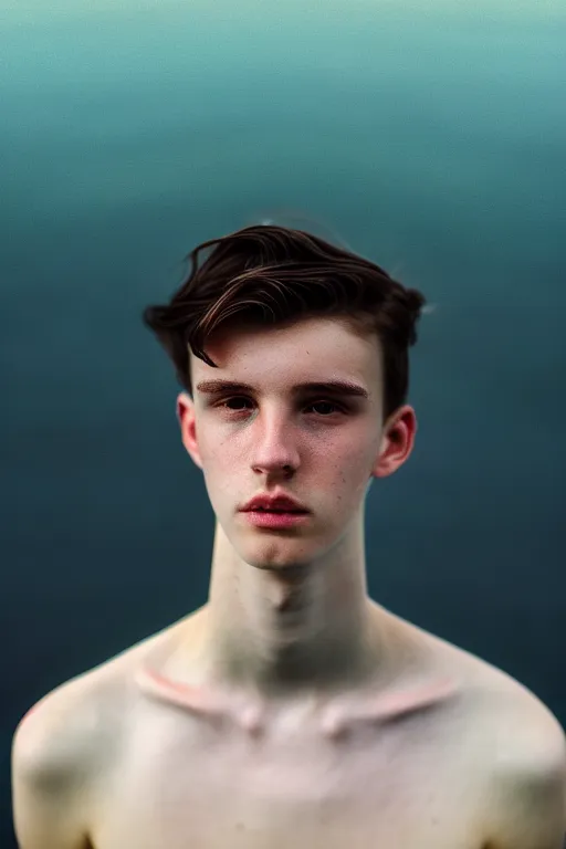 Image similar to high quality pastel coloured film mid angle docu photograph of a beautiful young 2 0 year old male, soft features, short black hair, swimming in an icelandic black rock pool environment. atmospheric. three point light. photographic. art directed. ( pastel colours ). volumetric light. clearcoat. waves glitch. 8 k. filmic.