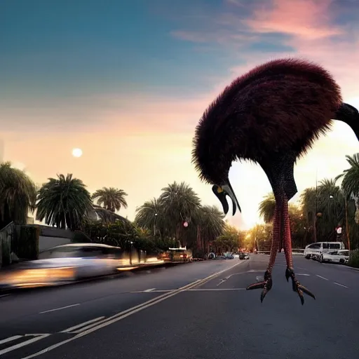 Prompt: A giant Ten foot tall prehistoric chicken like ostrich hybrid bird runs along sunset boulevard thru traffic, Hyperreal