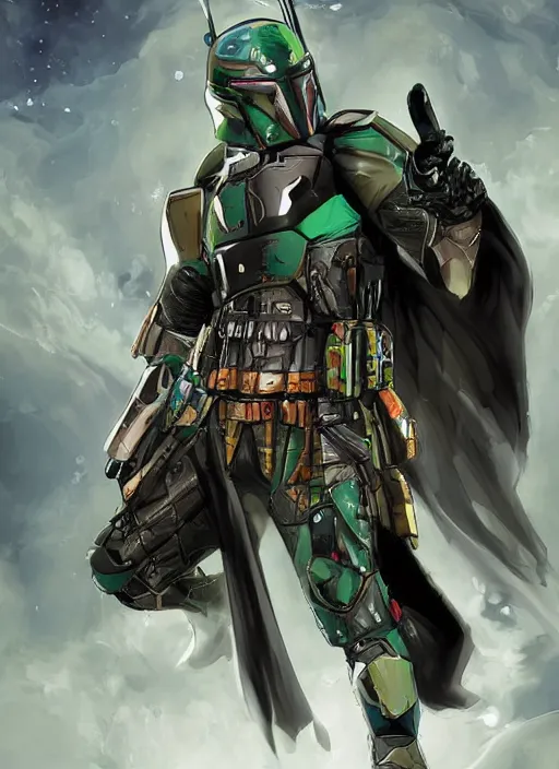 Image similar to batman x boba fett, digital art, character mashup, epic lighting, combination art