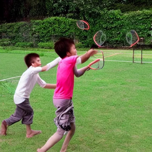 Prompt: two monkeys playing badminton