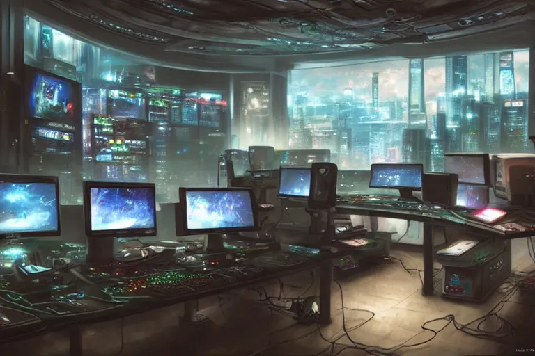 Image similar to a computer room filled with lots of monitors, cyberpunk art by chie yoshii, cgsociety, retrofuturism, greeble, dystopian art, circuitry