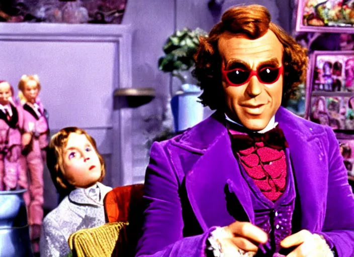 Image similar to film still of Will Farrel as Willy Wonka in Willy Wonka and the Chocolate Factory 1971