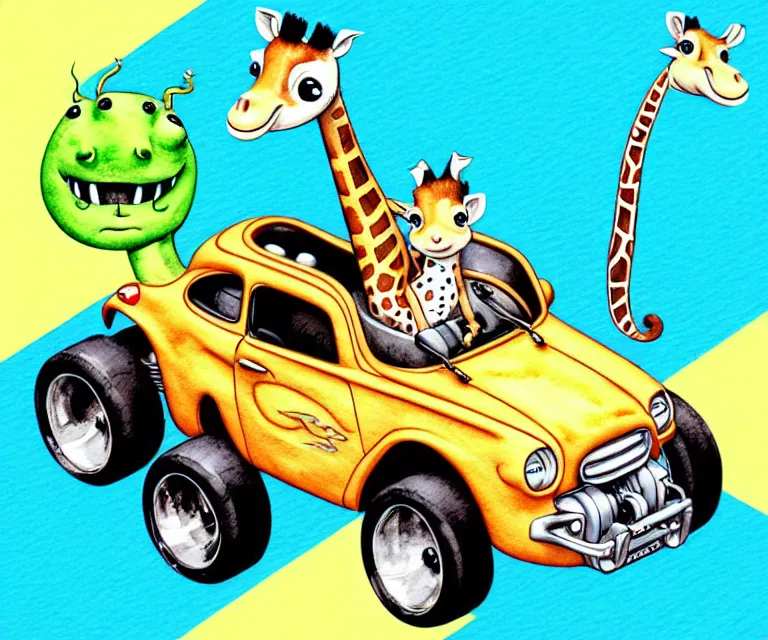 Image similar to cute and funny, baby giraffe riding in a tiny hot rod with oversized engine, ratfink style by ed roth, centered award winning watercolor pen illustration, isometric illustration by chihiro iwasaki, edited by range murata, tiny details by artgerm and watercolor girl, symmetrically isometrically centered