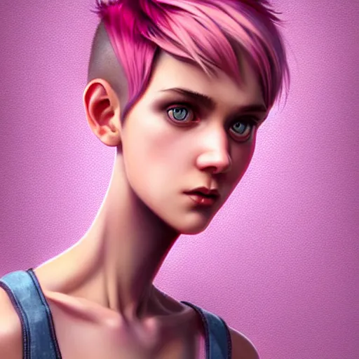 Image similar to full body pose, pixar, beautiful androgynous girl, pink pixie cut hair, torn overalls, short shorts, combat boots, fishnets, beautiful, highly detailed face, true anatomy!, extremely detailed!, digital painting, unreal engine 5, art by tom bagshaw