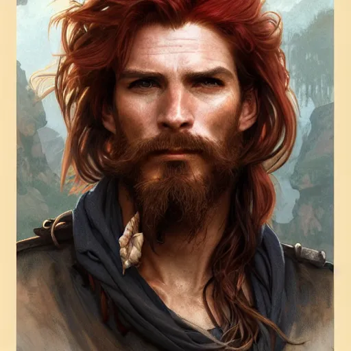 Image similar to portrait of a young ruggedly handsome but joyful pirate, male, masculine, upper body, red hair, long hair, d & d, fantasy, fierce, sharp features, intricate, elegant, highly detailed, digital painting, artstation, concept art, matte, sharp focus, illustration, art by artgerm and greg rutkowski and alphonse mucha