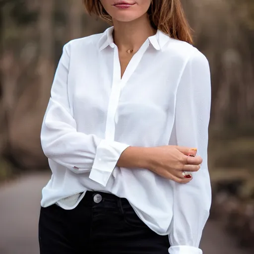 Prompt: photo of a woman wearing a white!! blouse!!