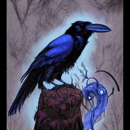 Image similar to raven, jioness, forest, blue flame, moon, art by Bryan Alfaro, award winning concept, highly detailed,