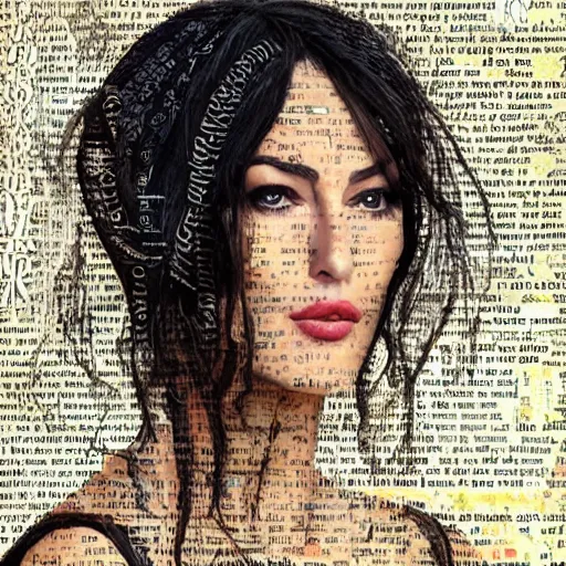 Image similar to a beautiful!!! collage art portrait of Monica Bellucci constructed from pages from alchemical grimoires, 8K, highly detailed, cryptic and mysterious, hypermaximalist, photorealistic