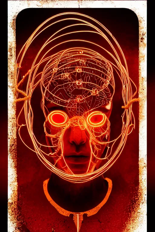 Image similar to organic cyborg head wrapped in barb wire by Jamie Coreth, artstation, centered, symmetrical, cinematic lighting, gold and red, bilateral symmetry, 80s poster, polished, thick smoke, retro dark vintage sci-fi, 2D matte illustration