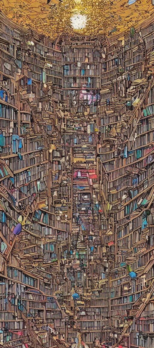 Prompt: cascading concept art of an imposing multi level library, cluttered, books, potions, star charts, magic aesthetic, sparkles in the air, by moebius, by geof darrow,