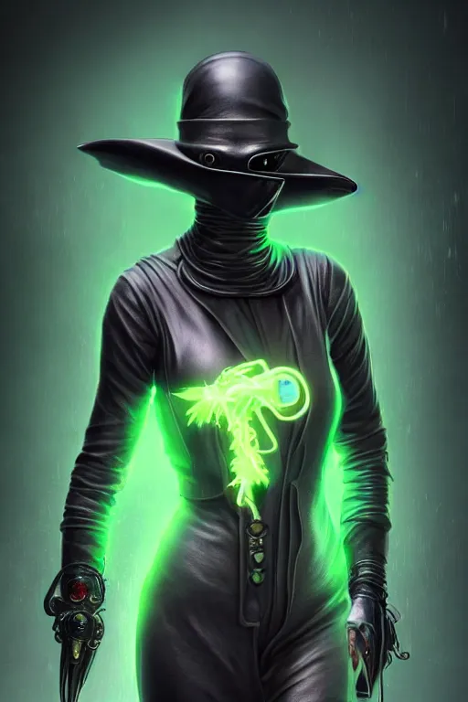 Image similar to wow! 3 / 4 stunning photorealistic portrait of a female plague doctor with a green aura in a kowloon! cyberpunk cityscape, biomechanical leather bodysuit, bioluminescent acid rain, dark fantasy by artgerm and sorayama and alphonse mucha, ultrarealistic, hyperdetailed, trending on artstation, octane render