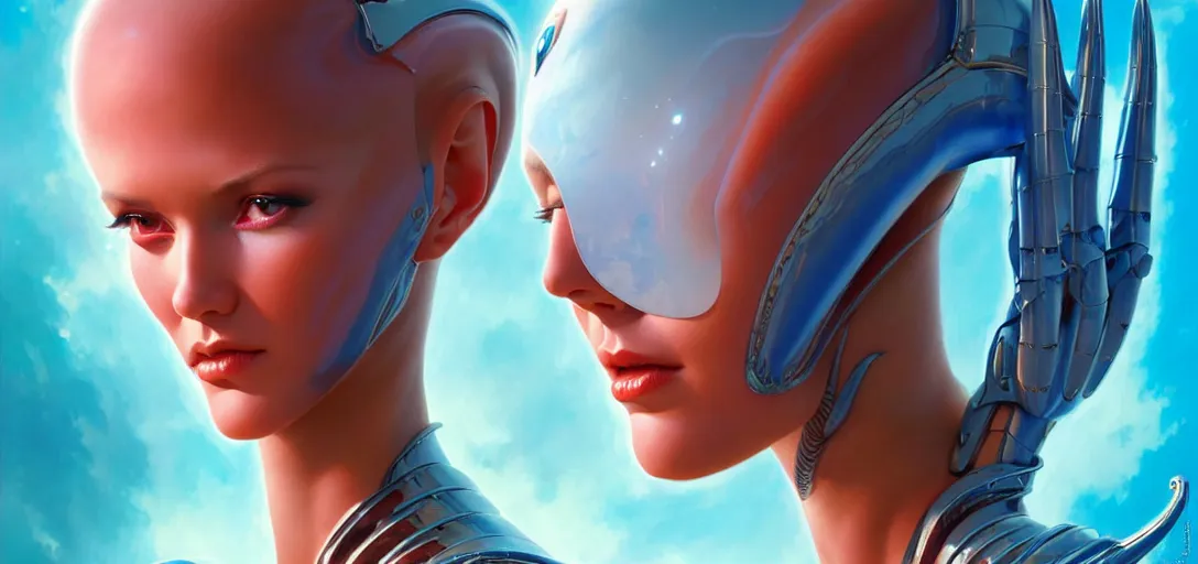 Image similar to face of a beautiful alien girl wearing shiny plastic armor in the style of roger dean and alberto vargas and stefan kostic, realistic, sharp focus, 8 k high definition, insanely detailed, intricate, elegant, art by greg rutkowski and artgerm, extreme blur coral reef background