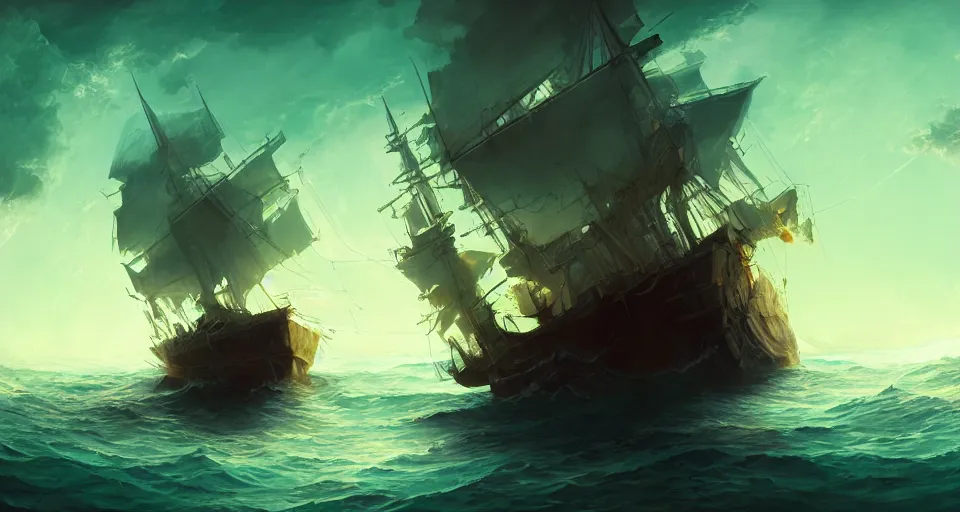 Prompt: concept art by jama jurabaev, cel shaded, cinematic shot, trending on artstation, high quality, brush stroke, vibrant colors, a mysterious ghost ship immersed in the sea