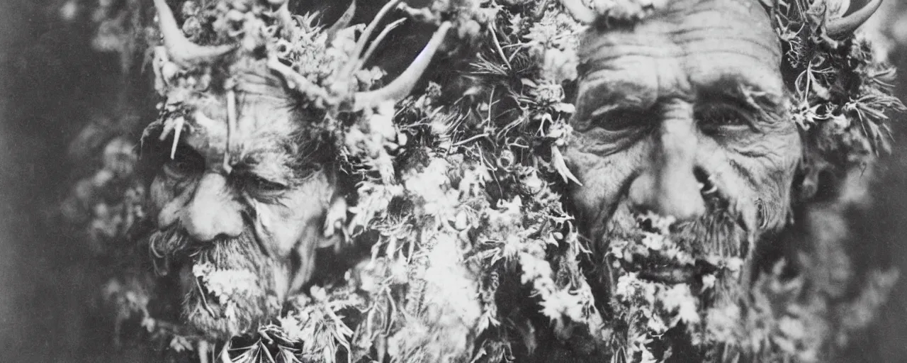 Image similar to 1920s portrait photography of an alpine old farmer transforming into a monster, edelweiss growing out of his face, devilish horns on his head