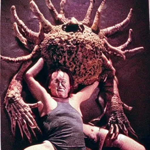 Image similar to big budget body horror movie with the thing eating animals and creating art on the wall with their bodies. 1980s horror movie photograph.