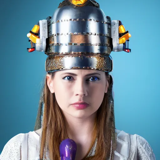 Prompt: centered fine studio photograph of a young woman wearing a futuristic cyberpunk Mayan helmet made of metal, glass and lights, chest and face, photorealistic, white background, 8k HDR, shallow depth of field, intricate