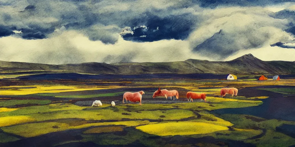 Image similar to a beautiful painting of a icelandic farm, icelandic horses galloping, storm clouds gathering over the town, by studio ghibli 8 k pastel colours, isometric drone shot smeared watercolours, golden light film grain