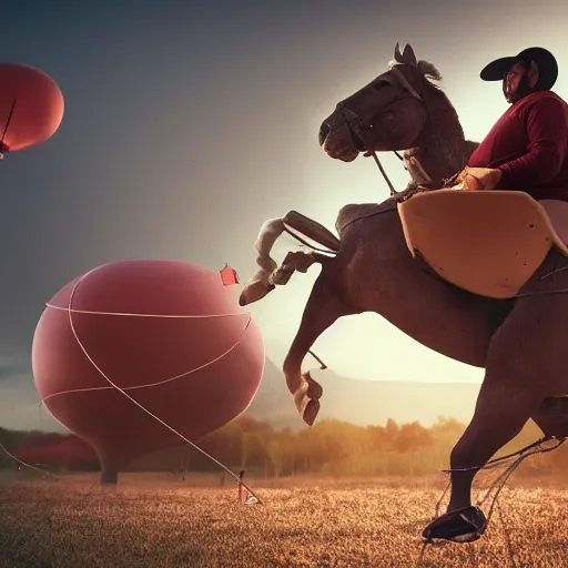 Prompt: photograph of morbidly obese man riding a horse. Three weather balloons are attached to the man, 8k, octane render