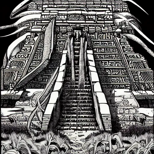 Image similar to precisely drawn illustration of a Mayan temple, wide angle, sharp, fine details, French comic style, cyberpunk, intense line art, 8k, precise linework, realistic, in the style of Richard Corben and Moebius