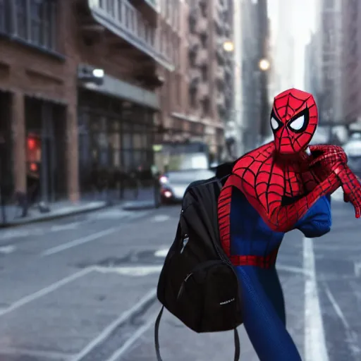 Prompt: film of spiderman with a backpack on his way to school on the streets of new york, lonely atmosphere, director by christopher nolan