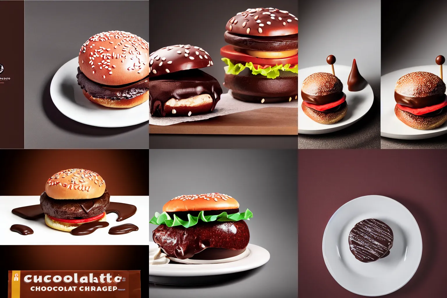 Prompt: chocolate covered hamburger advertisement, food photography, studio lighting