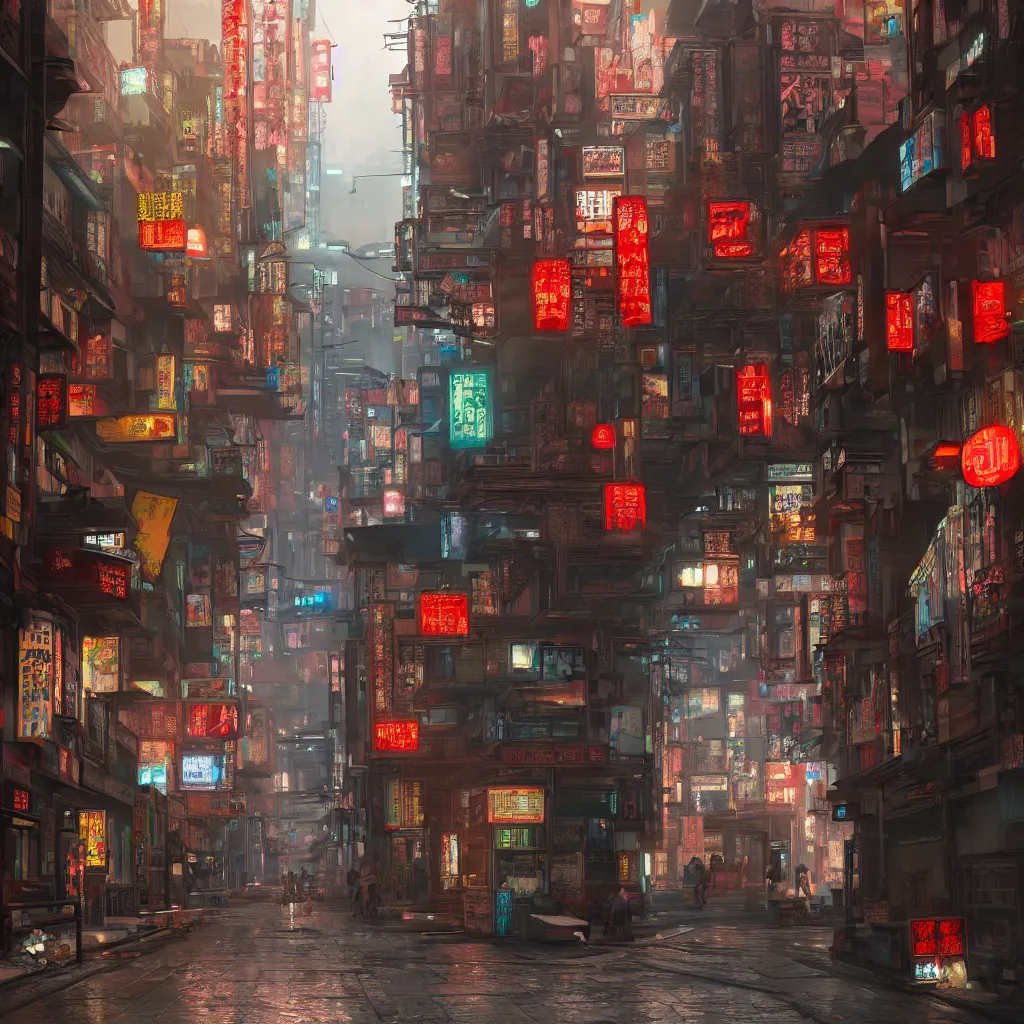 Prompt: Cyberpunk narrow street in chinatown. High details. Ultra realistic. Artstation trending. Unreal engine.