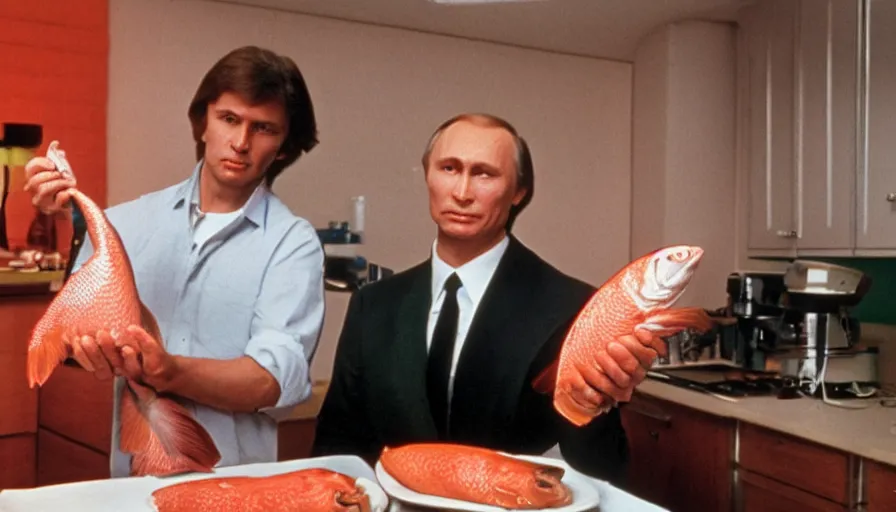 Prompt: 7 0 s movie still of putin in teleshopping show, proudly holding a salmon. cinestill 8 0 0 t _ 3 5 mm eastmancolor, heavy grain, high quality, high detail