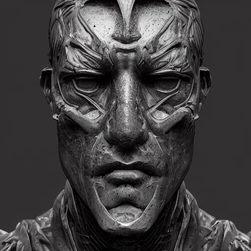 Image similar to a sculpture portrait of a man. black iron. black background. cast iron. gothic baroque. expressive eyes. symmetry. epic. ominous shapes. hyper detailed. lighting from the bottom, sharp shadows. photoreal. octane render. trending on artstation