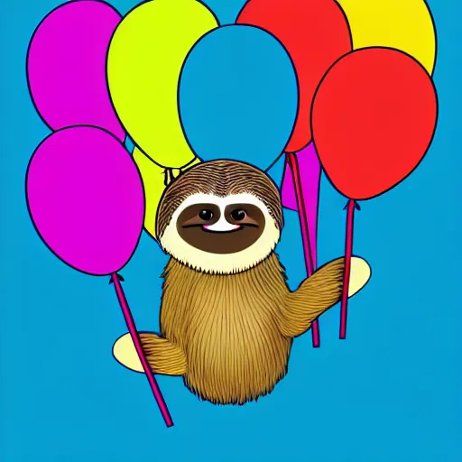 Image similar to book illustration of a sloth holding balloons, book illustration, colorful, white background, colorful image