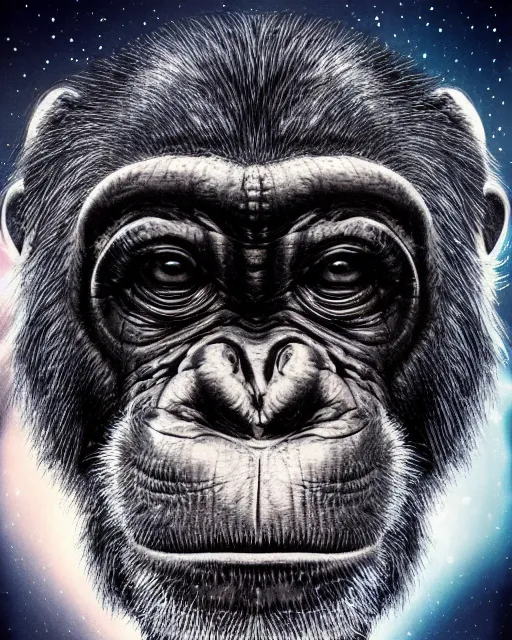 Image similar to very detailed high resolution illustration portrait of a chimpanzee head, backlit, night covered in stars, helmet, 3 d, 8 k, extremely detailed, artstation, award winning