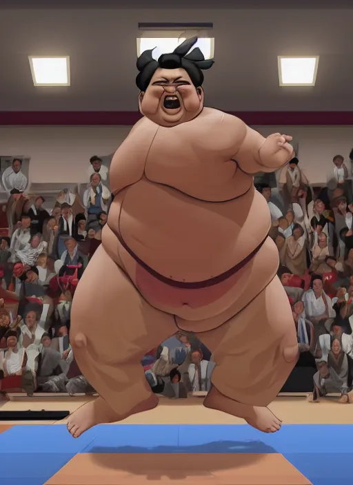 Image similar to A Sumo wrestler jumps 10 feet into the air in the dojo and is going to crash, dynamic lighting