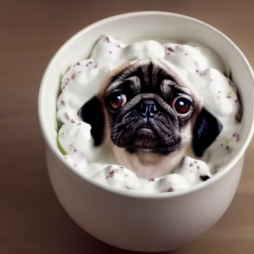 Image similar to a pug sitting in a bowl of yogurt, covered in yogurt, trending on artstation, high resolution photo,