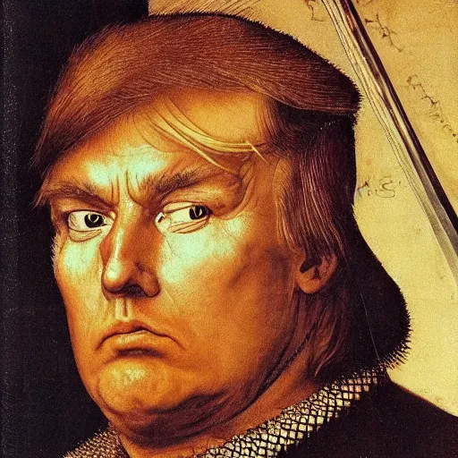 Image similar to donald trump wearing knights armor, donald trump holding a crazy broadsword, donald trump ’ s highly detailed face, donald trump ’ s handsome face, by hans holbein