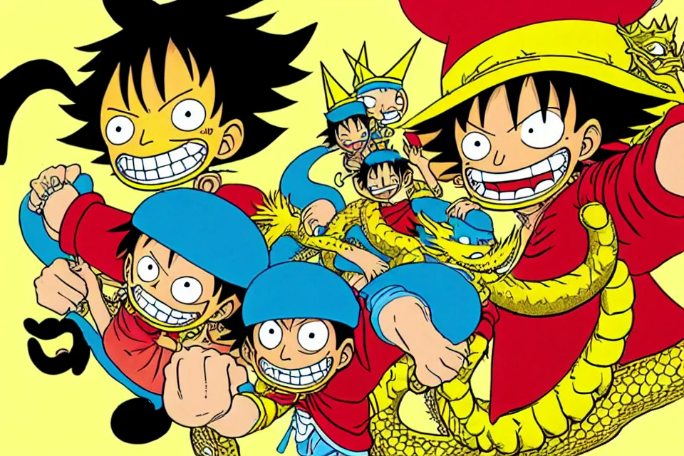 Image similar to concept sketches of luffy wearing a gold crown riding a large dragon by jamie hewlett, in the style of megaman, micro detail, disney cartoon