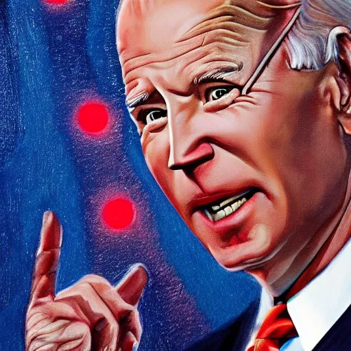 Prompt: Joe Biden flying in the sky as a divine god, Biden has glowing red eyes, oil painting