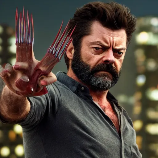 Prompt: logan wolverine with 3 claws released from his wrist as nick offerman, photorealistic mervel movie still, detailed, 8 k, digital art